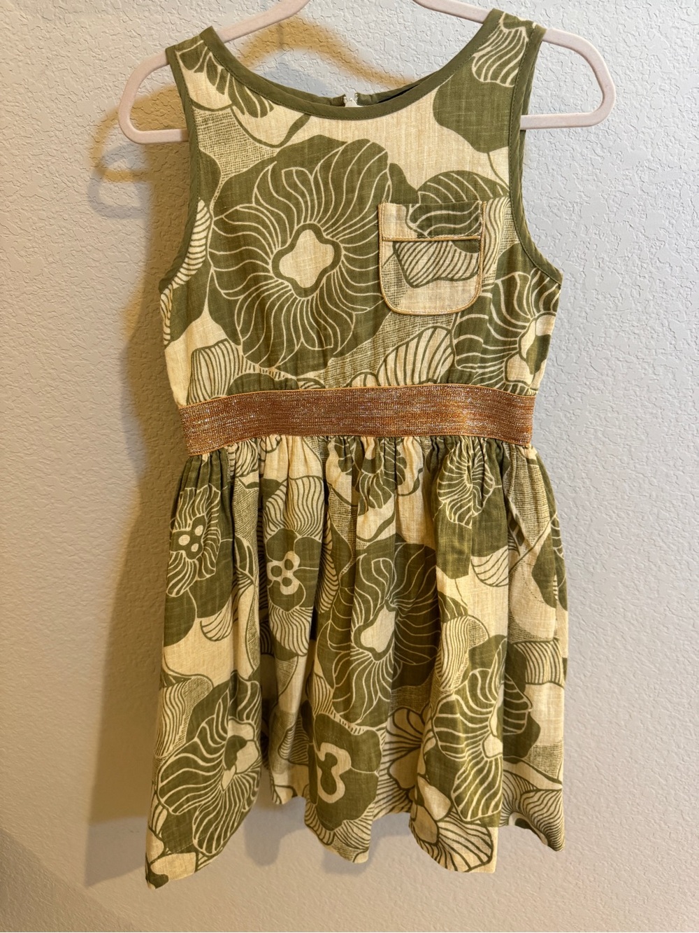Bonjour Girls Olive Green Floral Dress with Metallic Gold Waistband